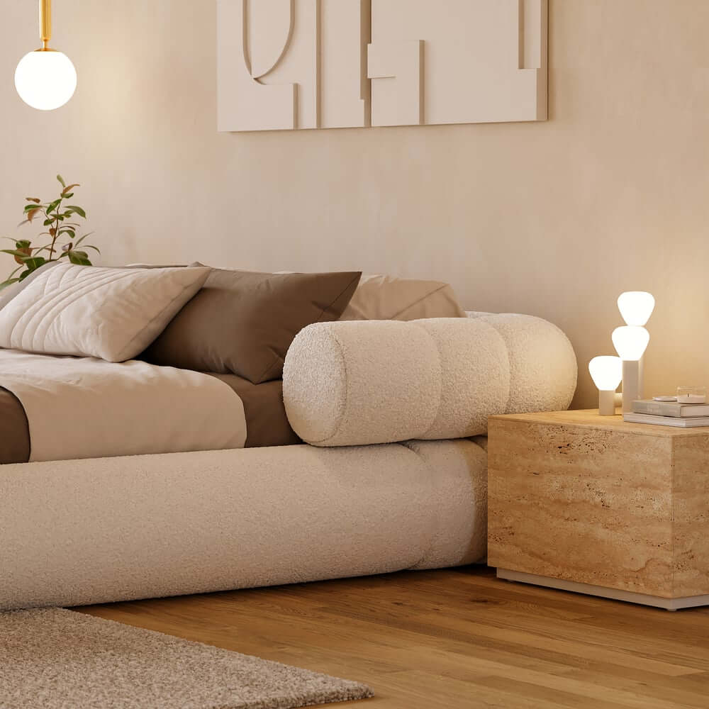 Modern Boucle Upholstered Bed with Circular Headboard