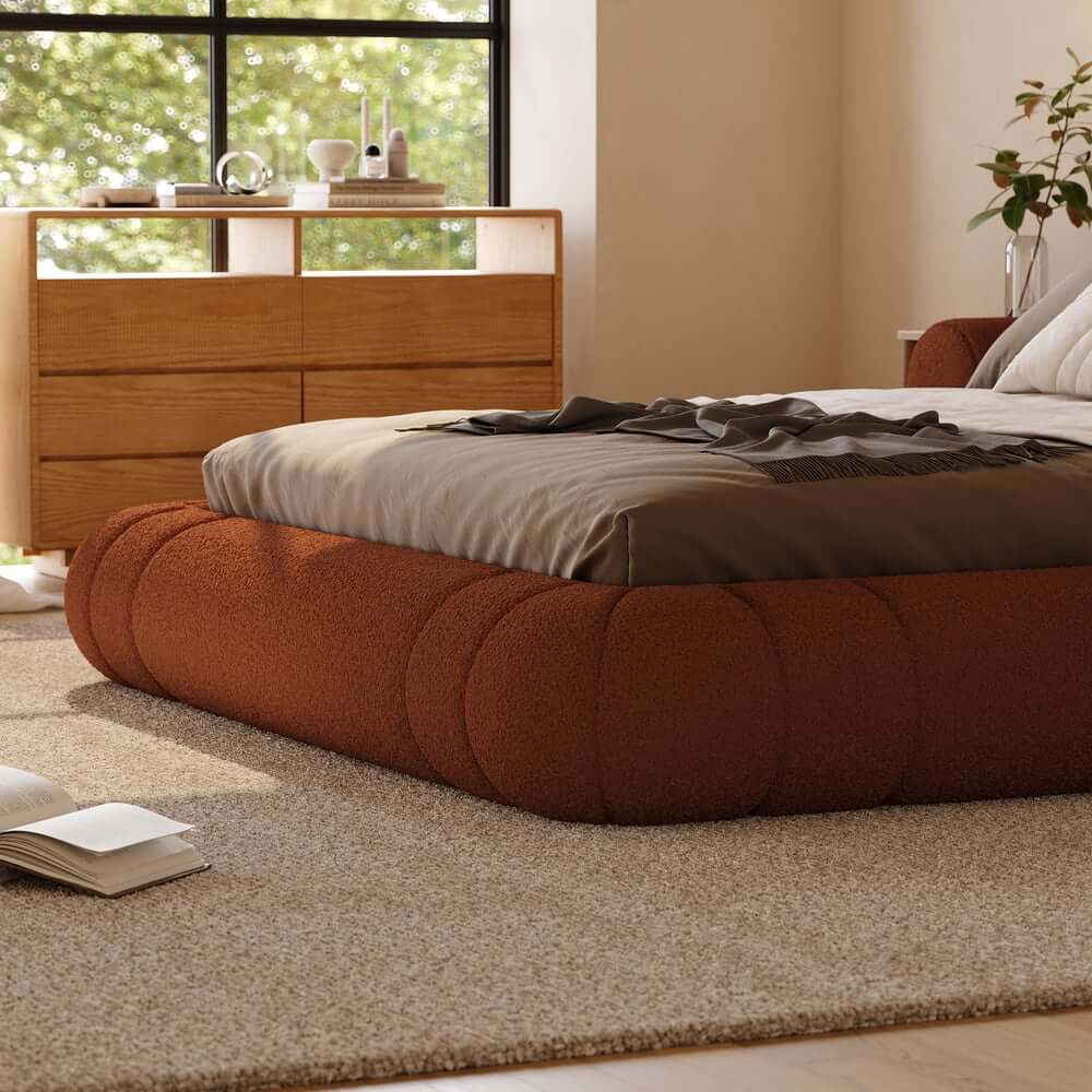 Modern Boucle Upholstered Bed with Circular Headboard