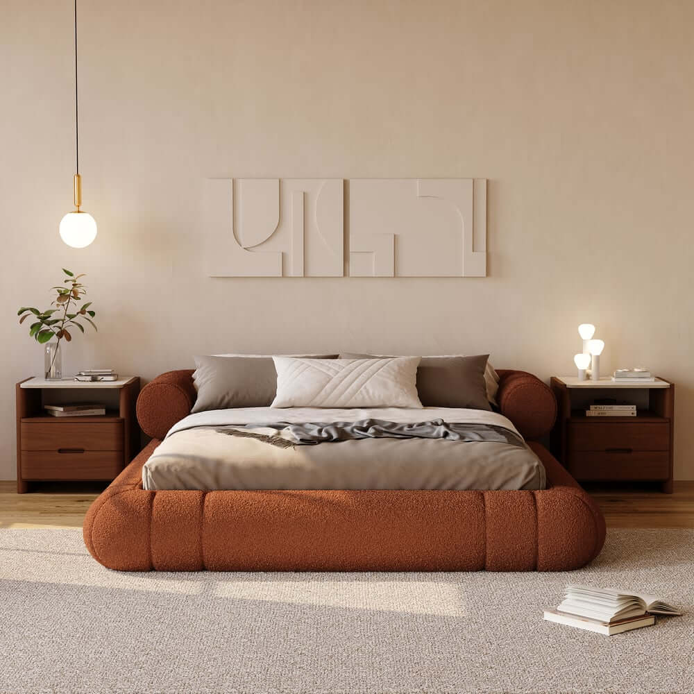 Modern Boucle Upholstered Bed with Circular Headboard