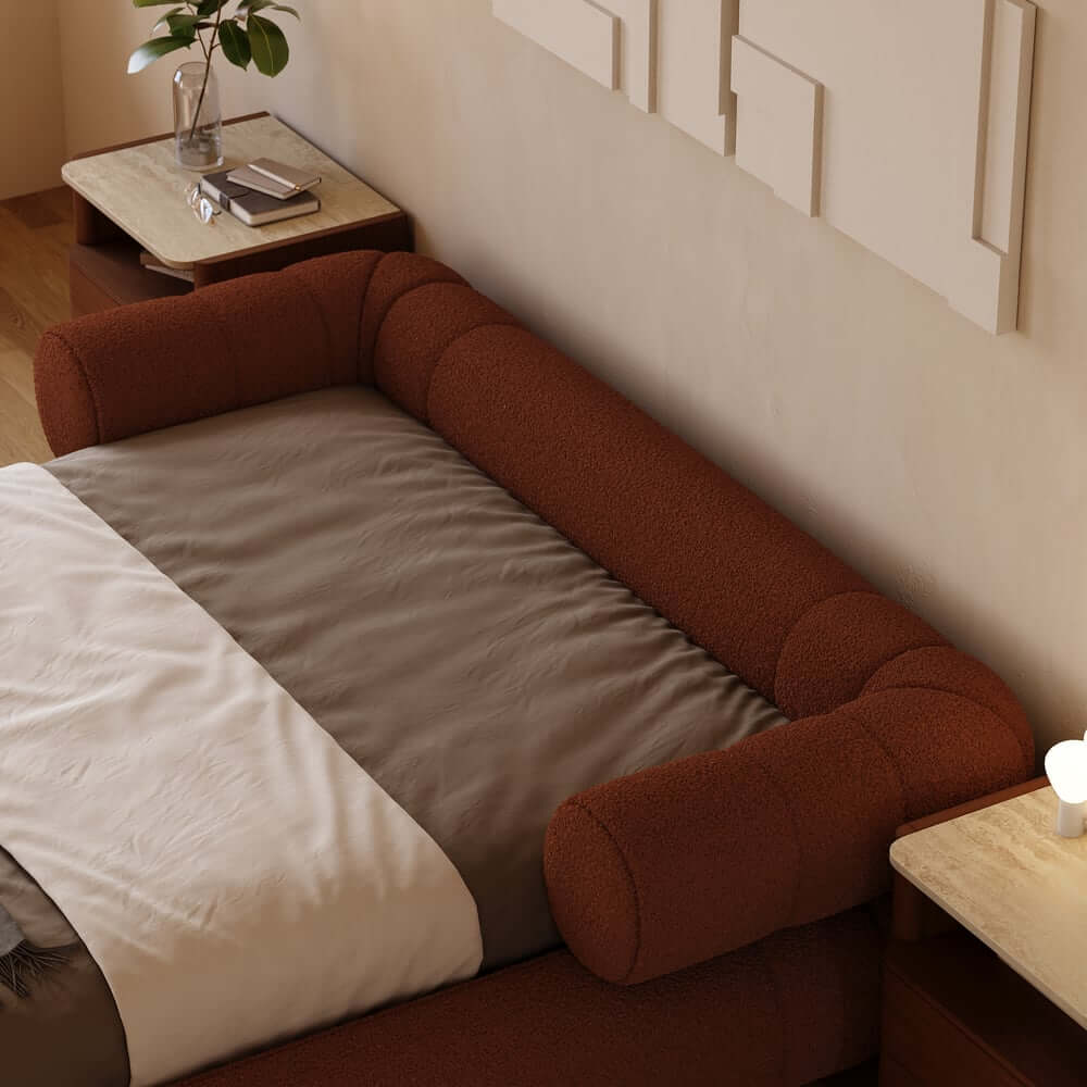 Modern Boucle Upholstered Bed with Circular Headboard