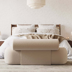 Modern Boucle Upholstered Bedroom Bench with Bolster Backrest