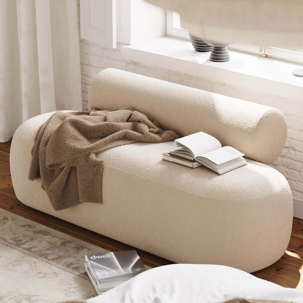 Modern Boucle Upholstered Bedroom Bench with Bolster Backrest