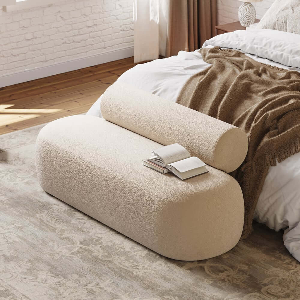 Modern Boucle Upholstered Bedroom Bench with Bolster Backrest