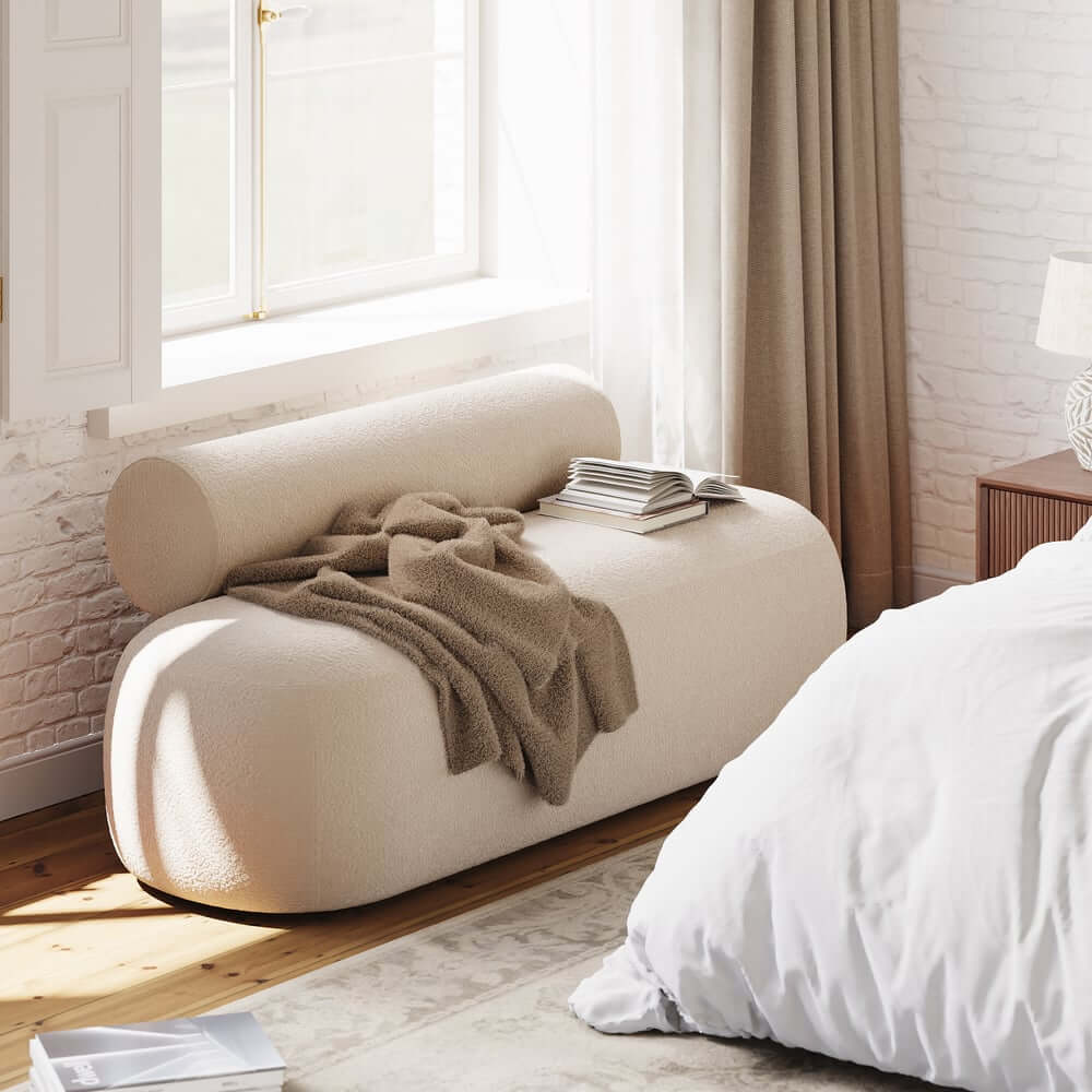 Modern Boucle Upholstered Bedroom Bench with Bolster Backrest