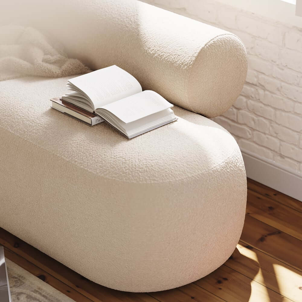 Modern Boucle Upholstered Bedroom Bench with Bolster Backrest