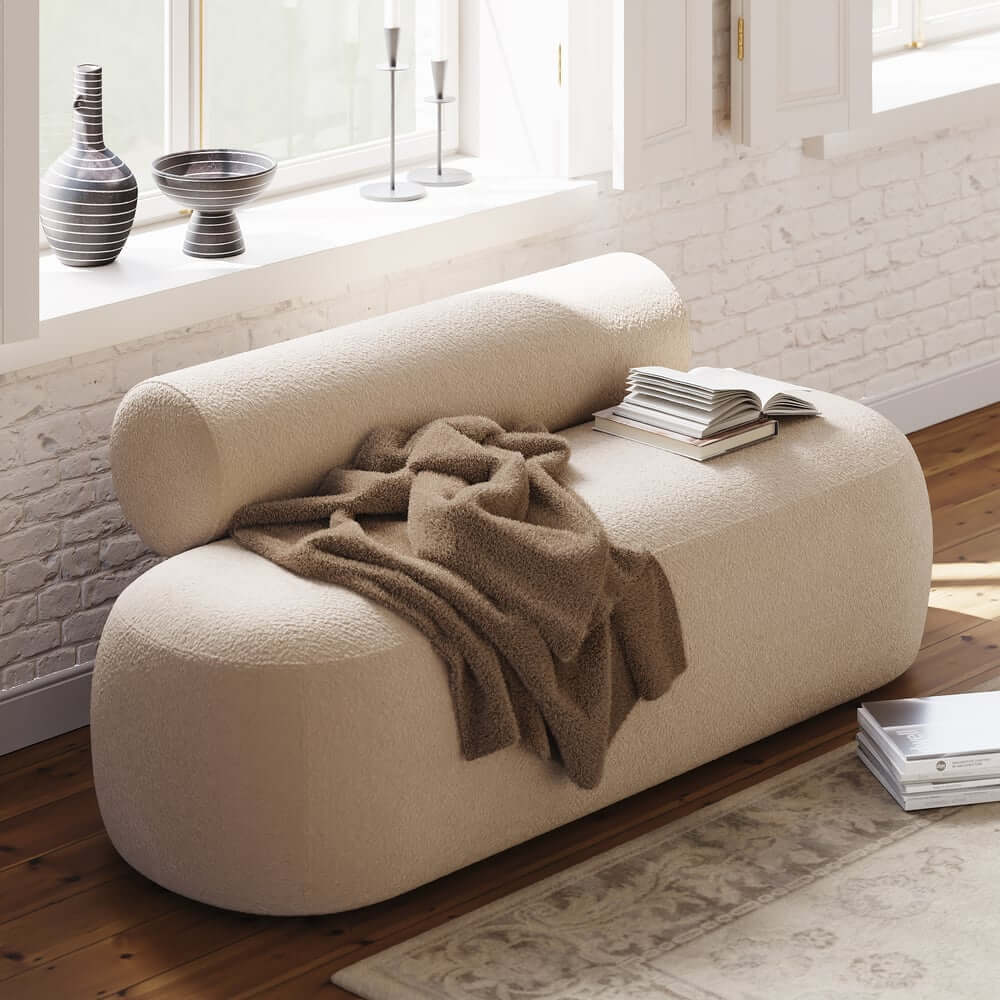 Modern Boucle Upholstered Bedroom Bench with Bolster Backrest Main Product Image