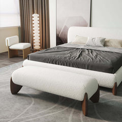 Modern Boucle Upholstered Bedroom Bench with Turned Wood Legs
