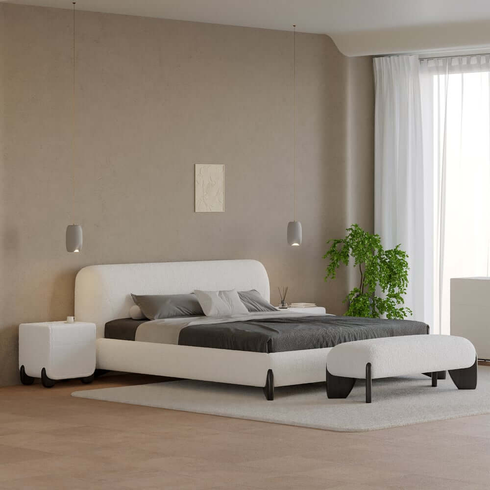 Modern Boucle Upholstered Bedroom Bench with Turned Wood Legs