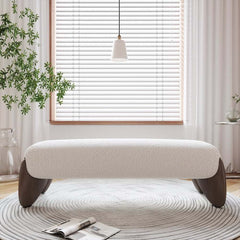 Modern Boucle Upholstered Bedroom Bench with Turned Wood Legs