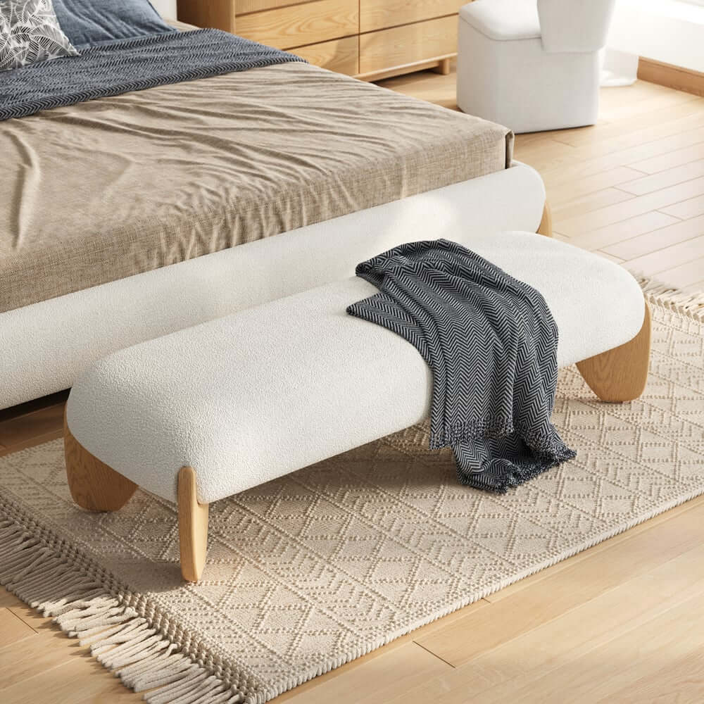 Modern Boucle Upholstered Bedroom Bench with Turned Wood Legs