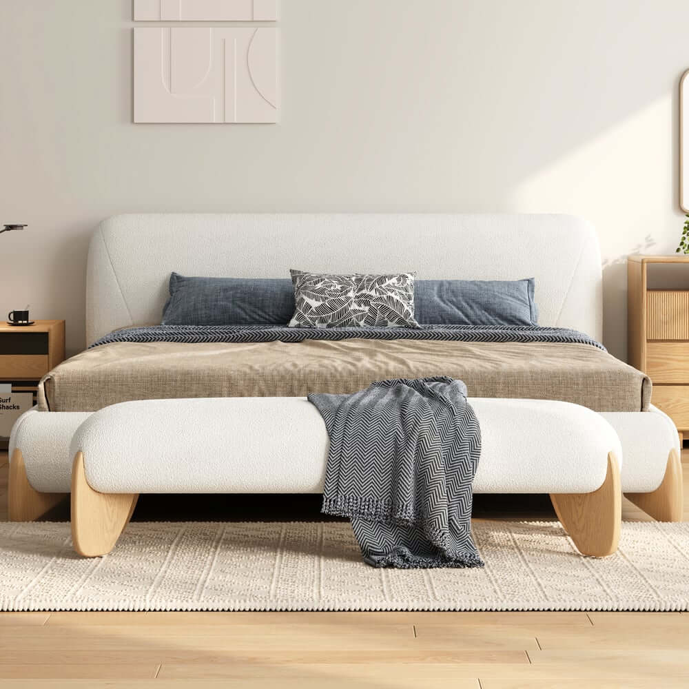 Modern Boucle Upholstered Bedroom Bench with Turned Wood Legs