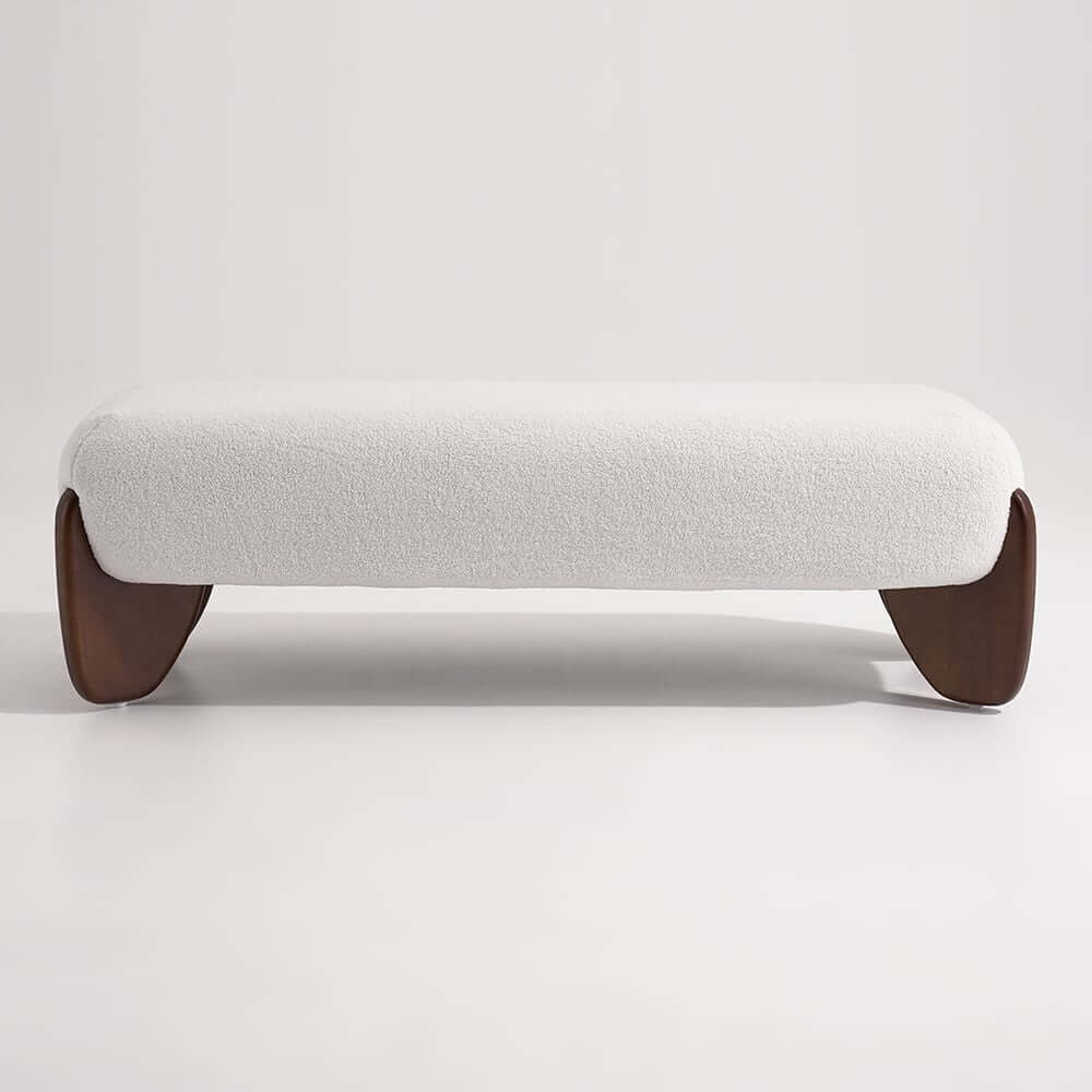 Modern Boucle Upholstered Bedroom Bench with Turned Wood Legs