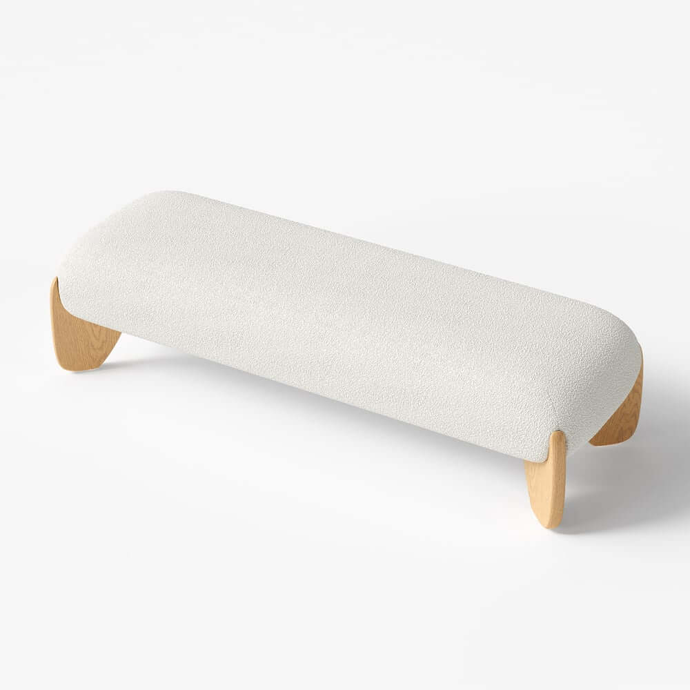 Modern Boucle Upholstered Bedroom Bench with Turned Wood Legs