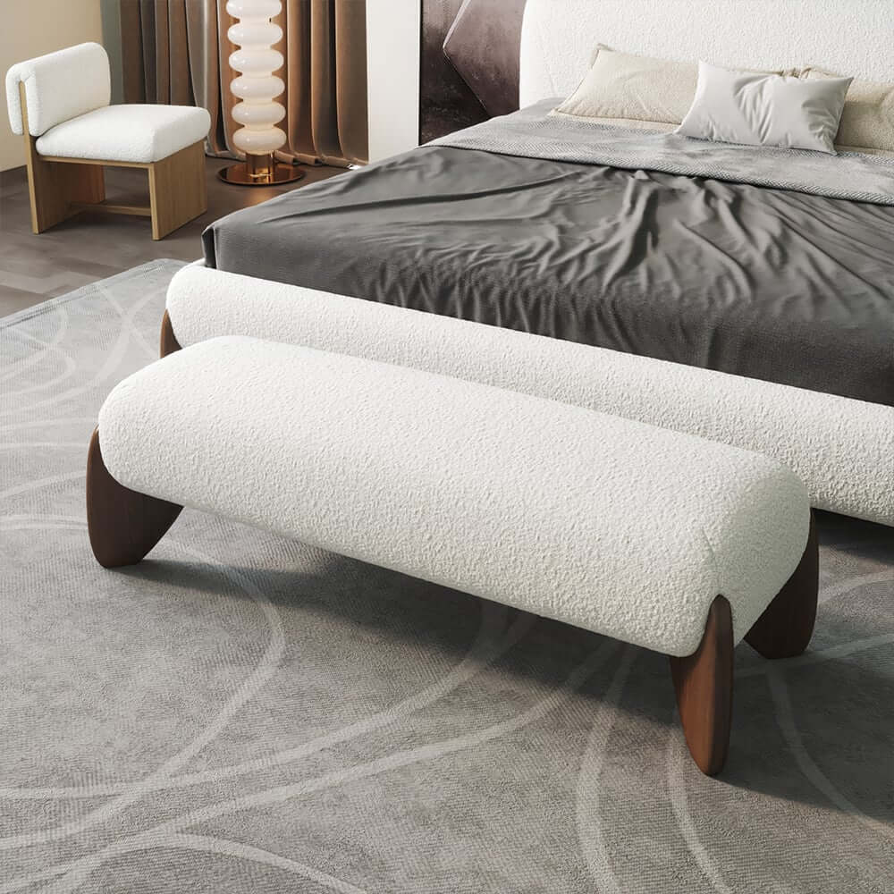 Modern Boucle Upholstered Bedroom Bench with Turned Wood Legs