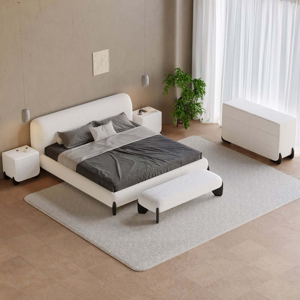 Modern Boucle Upholstered Bedroom Bench with Turned Wood Legs