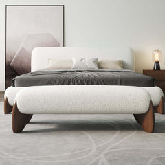 Modern Boucle Upholstered Bedroom Bench with Turned Wood Legs