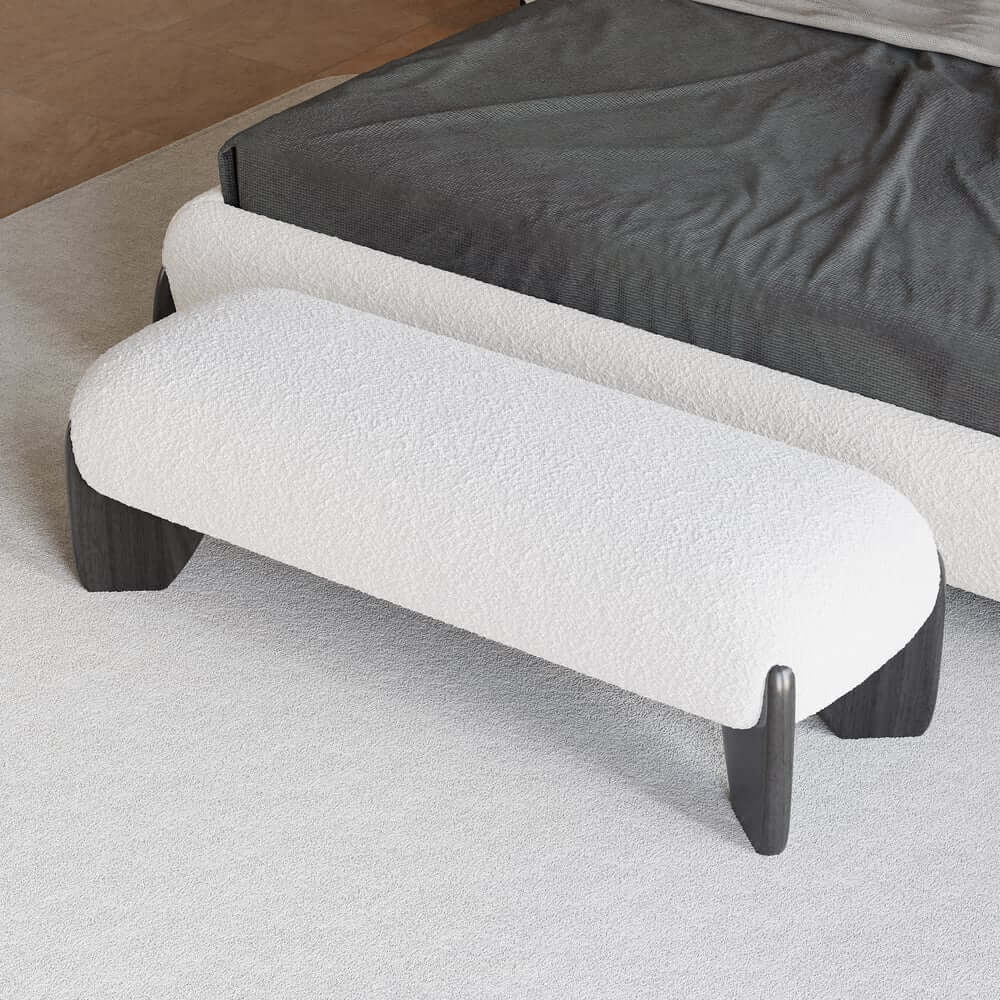 Modern Boucle Upholstered Bedroom Bench with Turned Wood Legs