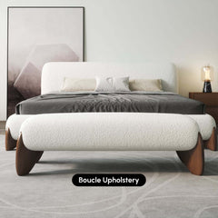 Modern Boucle Upholstered Bedroom Bench with Turned Wood Legs