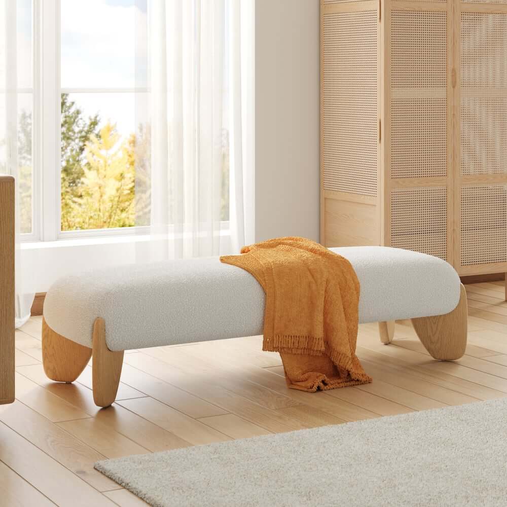 Modern Boucle Upholstered Bedroom Bench with Turned Wood Legs