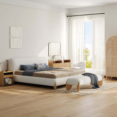 Modern Boucle Upholstered Bedroom Bench with Turned Wood Legs