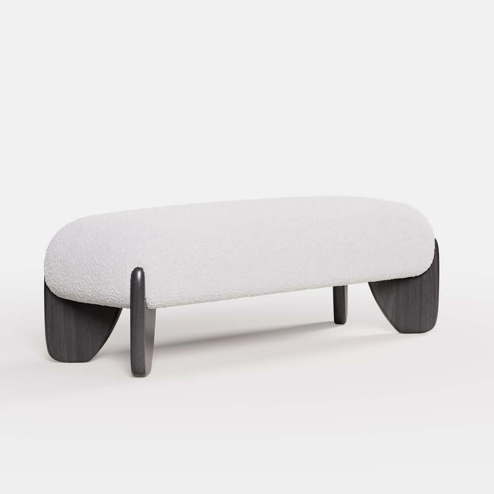 Modern Boucle Upholstered Bedroom Bench with Turned Wood Legs