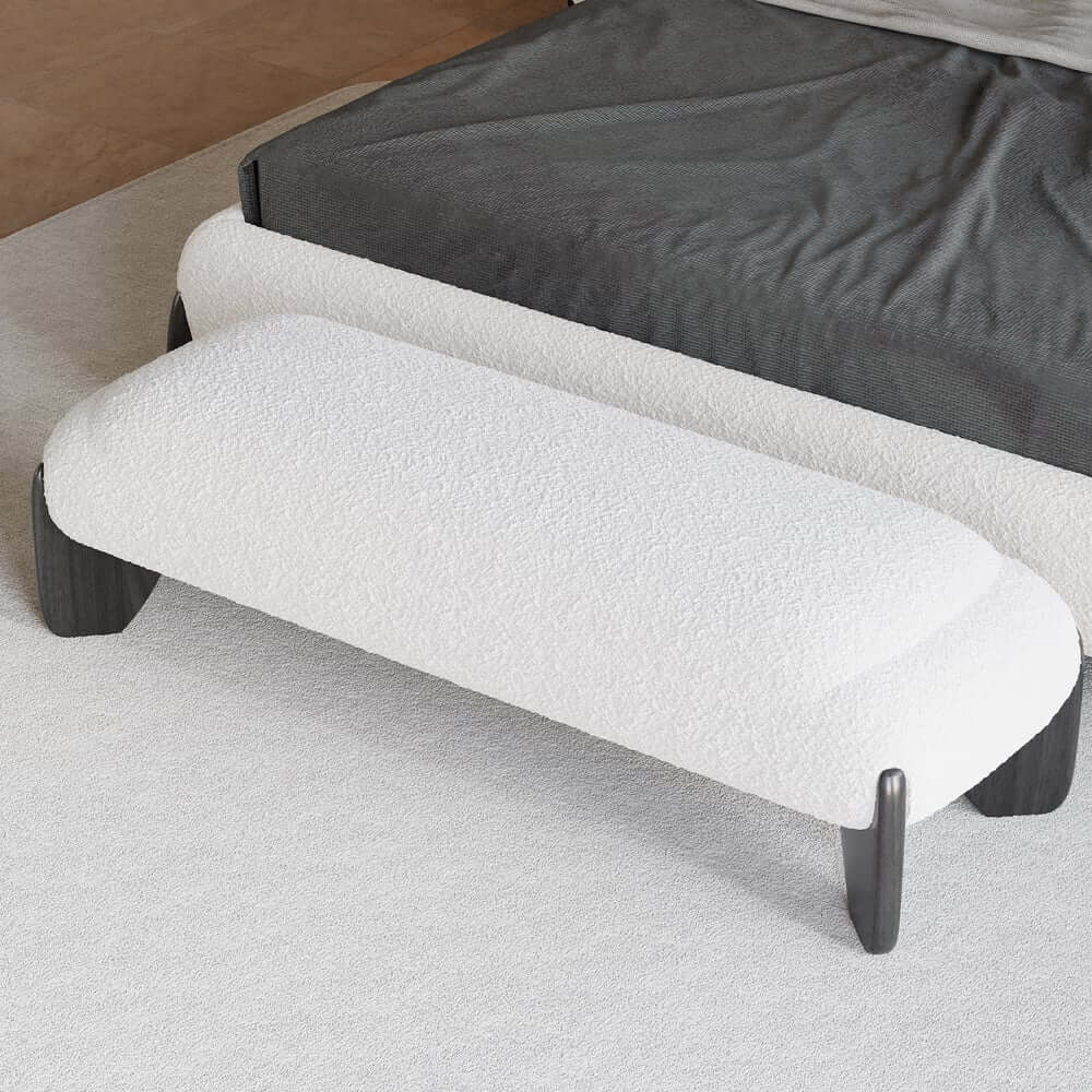 Modern Boucle Upholstered Bedroom Bench with Turned Wood Legs
