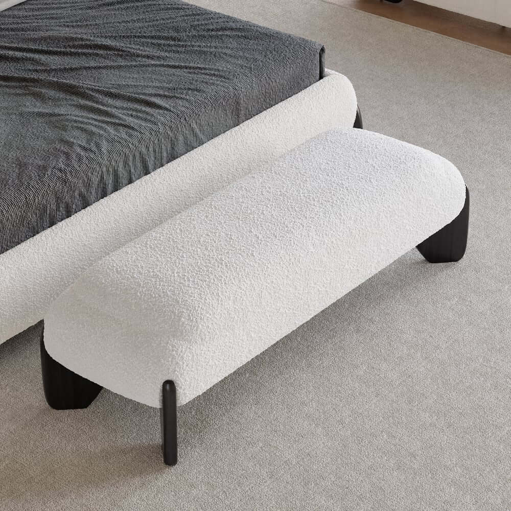 Modern Boucle Upholstered Bedroom Bench with Turned Wood Legs