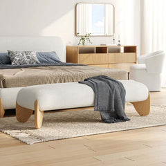 Modern Boucle Upholstered Bedroom Bench with Turned Wood Legs Main Product Image