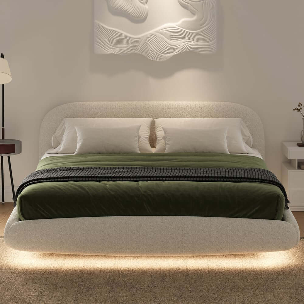 Modern Boucle Upholstered King Bed with LED Lights