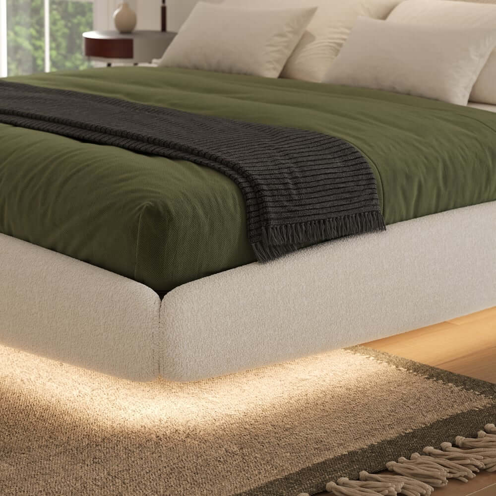 Modern Boucle Upholstered King Bed with LED Lights