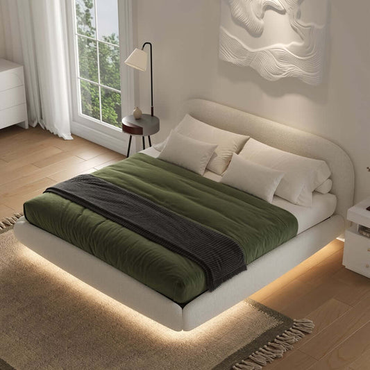 Modern Boucle Upholstered King Bed with LED Lights