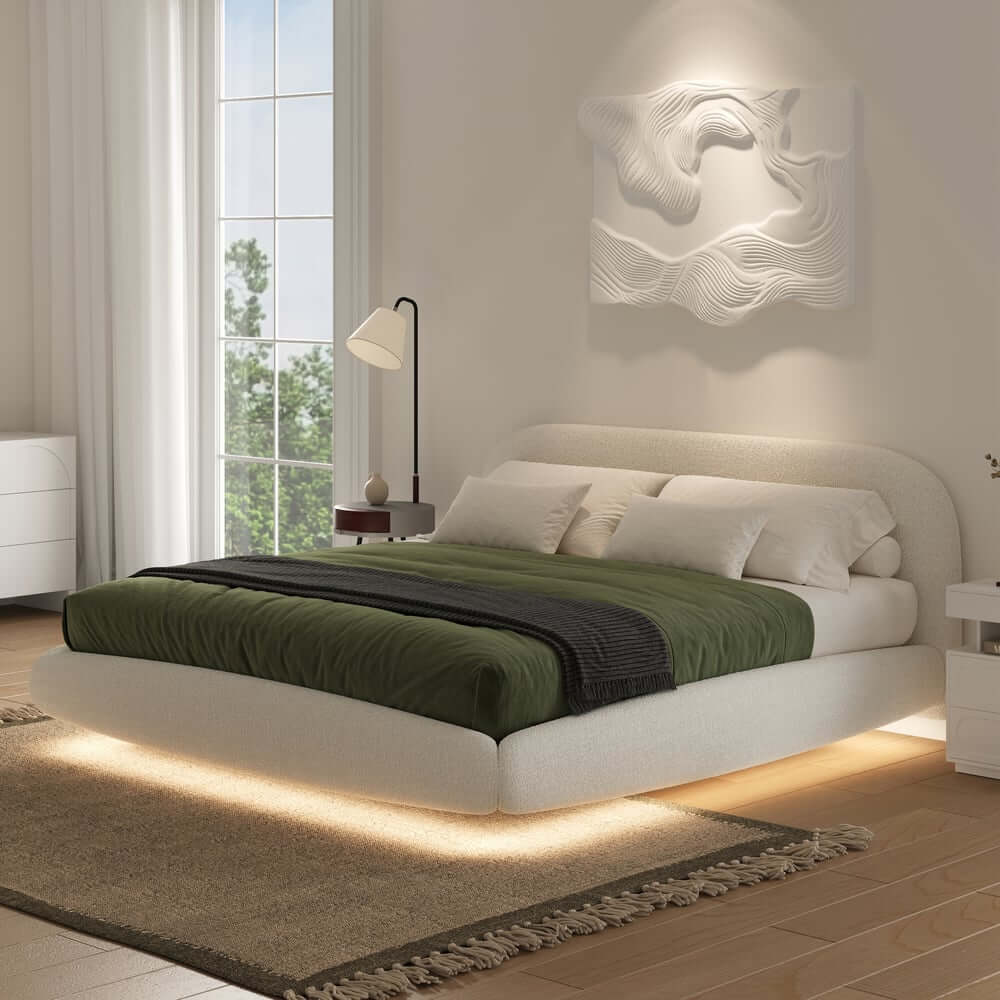 Modern Boucle Upholstered King Bed with LED Lights Main Product Image