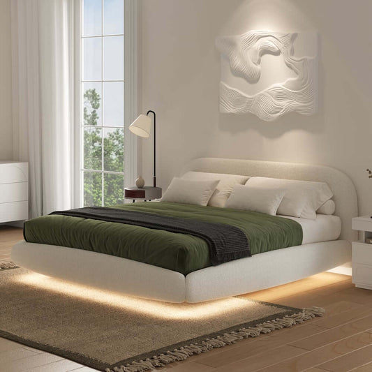Modern Boucle Upholstered King Bed with LED Lights Main Product Image