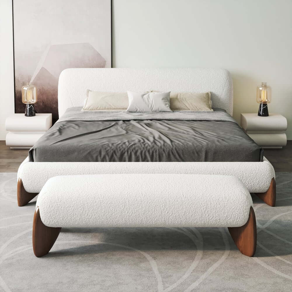 Modern Boucle Upholstered King Bed with Solid Wood Frame