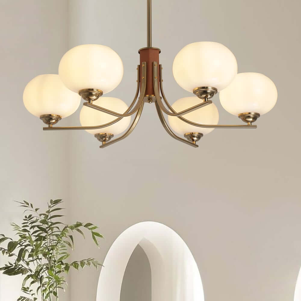 Modern Bowl Chandelier with Metal and Wood Accents