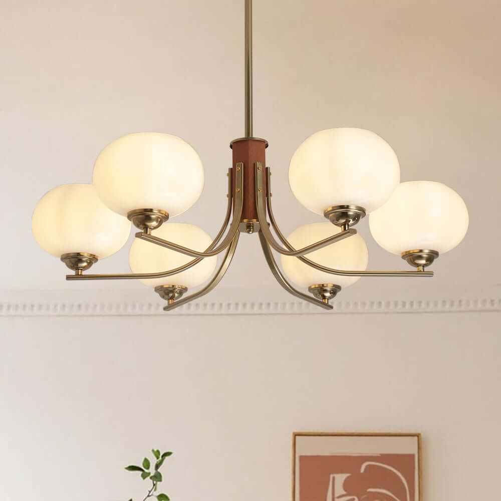 Modern Bowl Chandelier with Metal and Wood Accents