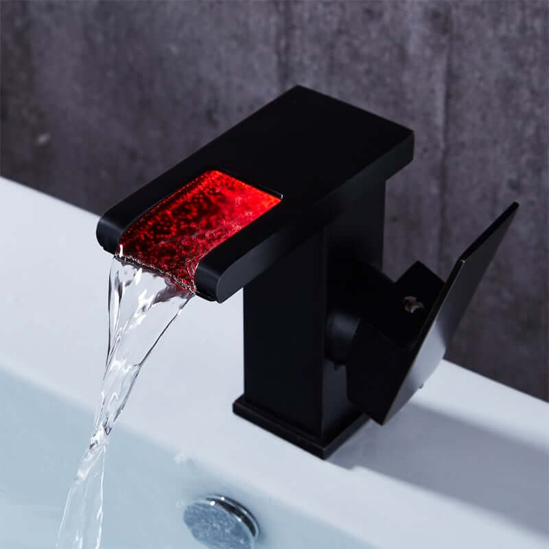 Modern Brass Bathroom Faucet with Waterfall Spout and LED Lighting