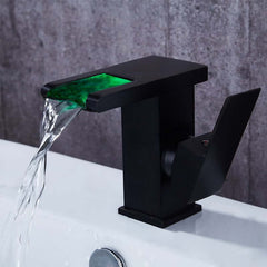 Modern Brass Bathroom Faucet with Waterfall Spout and LED Lighting