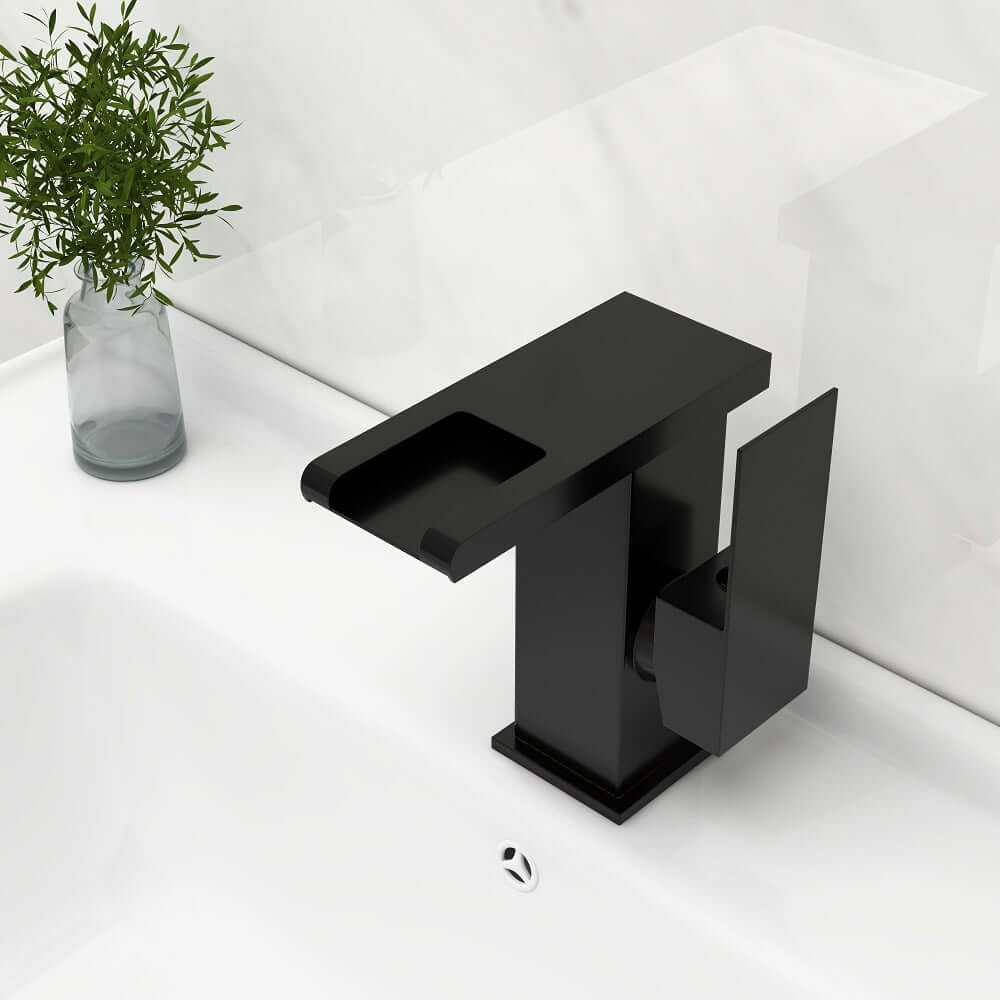 Modern Brass Bathroom Faucet with Waterfall Spout and LED Lighting
