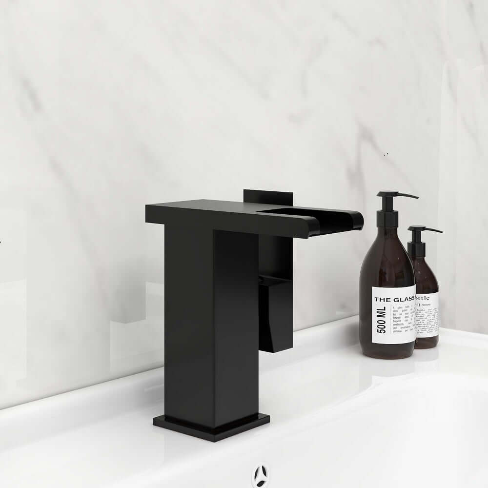 Modern Brass Bathroom Faucet with Waterfall Spout and LED Lighting