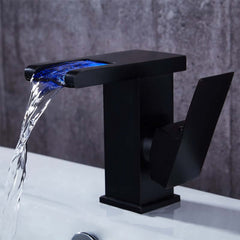 Modern Brass Bathroom Faucet with Waterfall Spout and LED Lighting Main Product Image