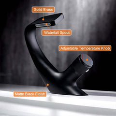 Modern Brass Bathroom Sink Faucet with Waterfall Spout and Knob Handle