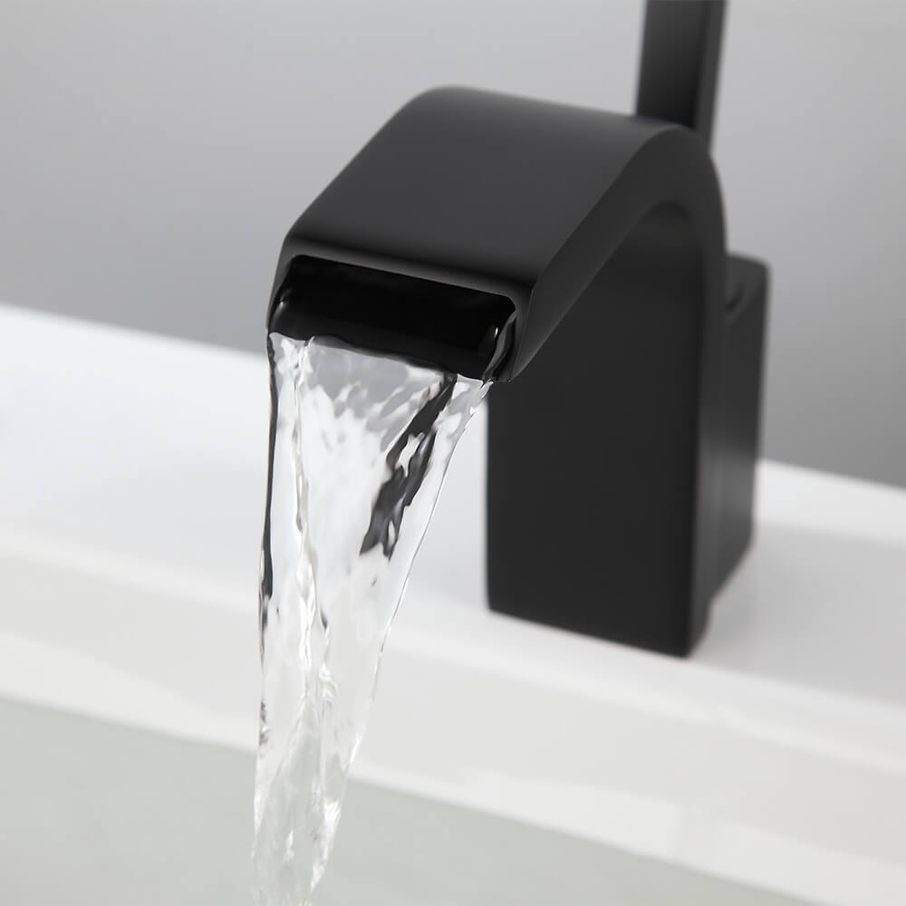 Modern Brass Bathroom Sink Faucet with Waterfall Spout and Lever Handle