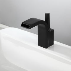 Modern Brass Bathroom Sink Faucet with Waterfall Spout and Lever Handle