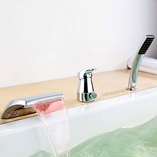 Modern Brass Deck Mounted Bathtub Faucet with Pullout Spray and LED