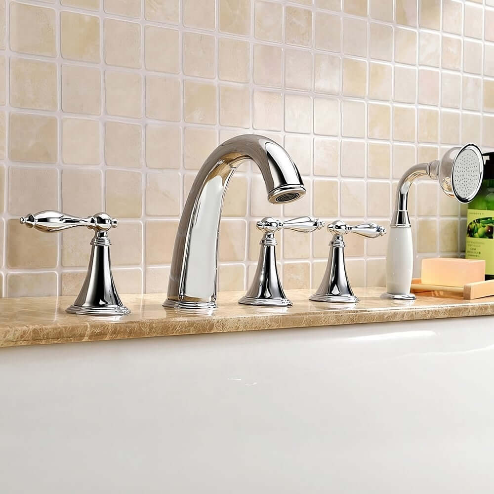 Modern Brass Deck Mounted Tub Filler Faucet with Handshower