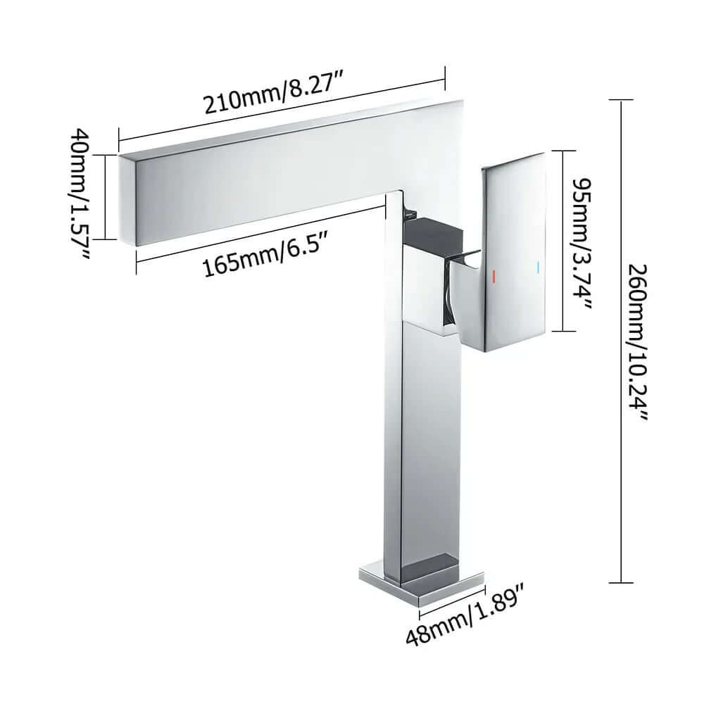Modern Brass Vessel Faucet with Waterfall Spout and Lever Handle Dimensions