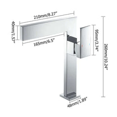 Modern Brass Vessel Faucet with Waterfall Spout and Lever Handle Dimensions