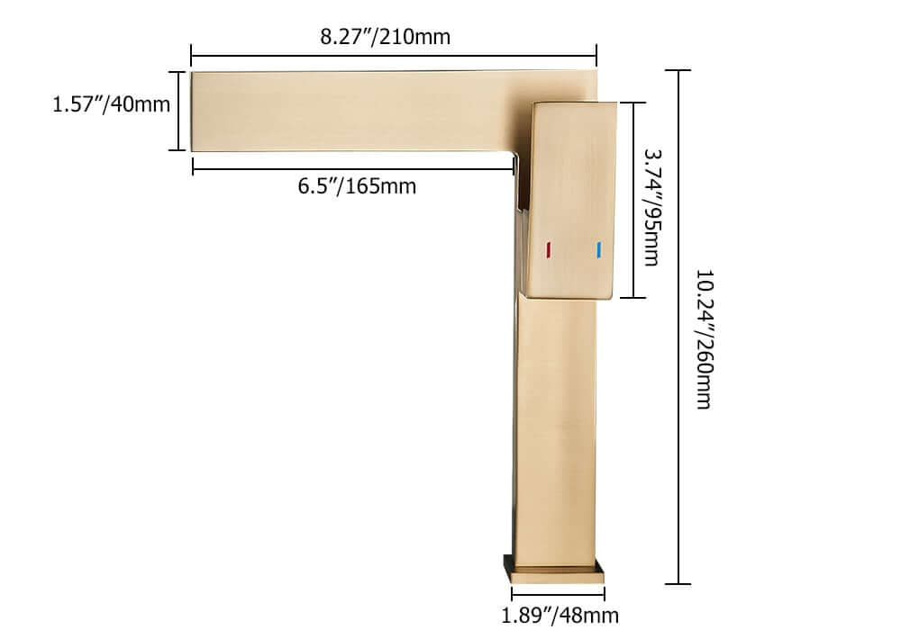 Modern Brass Vessel Faucet with Waterfall Spout and Lever Handle Dimensions