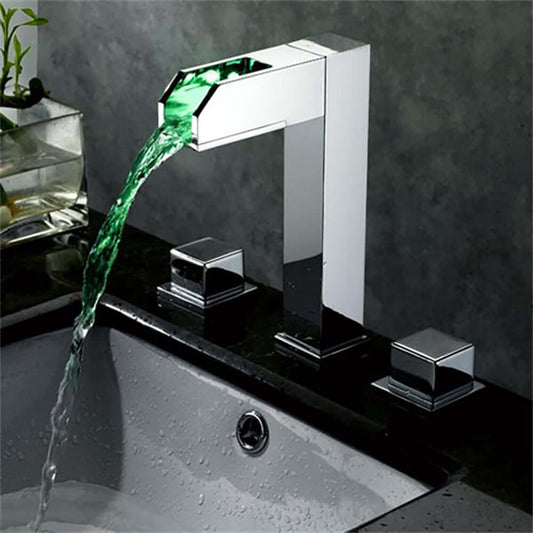Modern Brass Widespread Bathtub Faucet with Waterfall Spout and LED Lighting